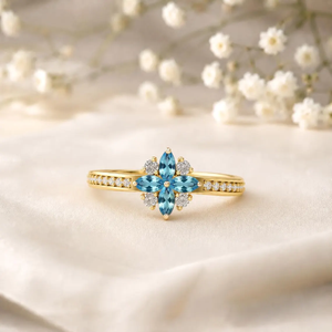 Bague en topaze bleu ciel, pierre de naissance de décembre, coupe marquise, motif floral, en argent sterling 925 et plaqué or 18 carats, élégante pour mariage - Product Image 2