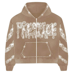 Sudadera con capucha personalizada marrón con cremallera y pedrería para hombre y mujer, estilo oversize, streetwear, con estampado gráfico, sudadera con capucha de lujo a la moda. - Product Image 3