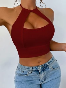 Halter Neck Keyhole Cutout Athletic Sports Bra Ribbed Seamless Fitted <b>Crop</b> <b>Top</b> Running Activewear Yoga Tank <b>Top</b> - Product Image 2