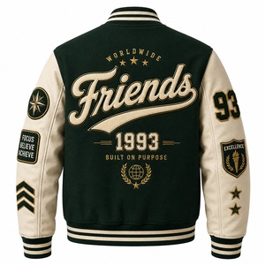 Veste universitaire pour homme, coupe régulière, style preppy, automne, avec manches en cuir vert et patch brodé personnalisé. - Product Image 6