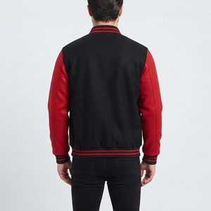 Premium Quality <b>Men's</b> Color Block Varsity Jacket <b>Black</b> Red Snap Button Street Wear <b>Coat</b> Custom silk screen printed logo jacket - Product Image 3