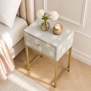 Modern Floral Pattern Nightstand Mirrored <b>Side</b> <b>Table</b> Bedside Cabinet Metal Frame <b>Drawer</b> Storage for Bedroom - Product Image 3