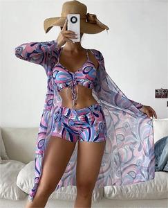 Summer Floral Print Women's Three-Piece Swimsuit <b>Set</b> with Drawstring Shorts <b>Push</b>-<b>Up</b> XL Plus Size - Product Image 2