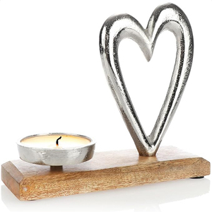 Christmas Candle Holder with Decorative Heart Figure Candle Holder Made of Nickel-Plated Aluminium with Mango Wood Base - Product Image 1