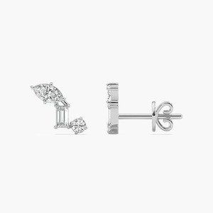 Pendientes de Diamantes Cultivados en Laboratorio con Tres Piedras en Forma de Marquesa, Baguette y Redonda, Oro Blanco de 14K, Certificados por IGI, Joyería para Mujer - Product Image 4