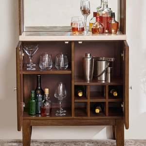 Dark Walnut Bar Cabinet with Marble Top and Wine Glass <b>Rack</b> Storage Console for <b>Drinks</b> Organization - Product Image 4