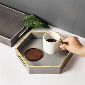 Plateau de service en similicuir sur mesure, plateaux décoratifs en similicuir pour apéritifs, plateau de présentation en bois naturel et similicuir - Product Image 2