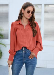 Camisas de Mujer para Primavera, Verano y Otoño, Blusas de Moda de Color Sólido, Manga Larga, Cuello Camisero, Corte Regular, Casual, con Botones Delanteros - Product Image 6