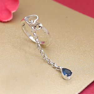 Handmade Silver <b>Ring</b> W/ Chain & Sapphire Unique & Elegant Design 925 Sterling Silver Jewellery for Women and Girls Wear - Product Image 5