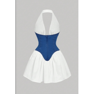 เดรสสั้นคอร์เซ็ทผ้ายีนส์ทูโทน หรือที่เรียกว่าเดรสสเก็ตเตอร์ผ้าผสมผสานหรือเดรสผ้าปะติดปะต่อผ้ายีนส์ คอร์เซ็ทแบบผูกคอ - Product Image 1