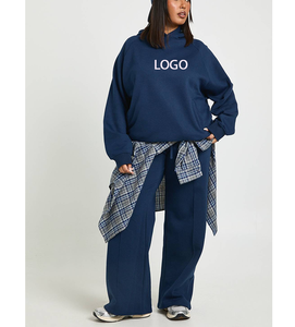 Ensemble de survêtement sportif pour femme, coupe oversize, comprenant un sweat à capuche et un pantalon de survêtement à jambe droite, en molleton de coton bleu, pour la gym et le fitness, ensemble assorti actif - Product Image 1