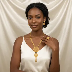 Nuevo Diseño, Estilo Árabe, Juego de Collar con Patrón de Flores en Latón Chapado en Oro, Aretes con Borlas, para Mujer, Boda, Fiesta, Clásico - Product Image 4