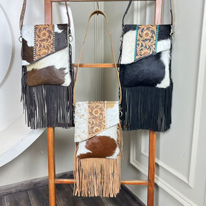 Sacs à bandoulière en cuir occidental de qualité supérieure pour femmes cartable à bandoulière outillé à la main sac de sculpture florale sac à main à franges dissimuler transporter marron - Product Image 4