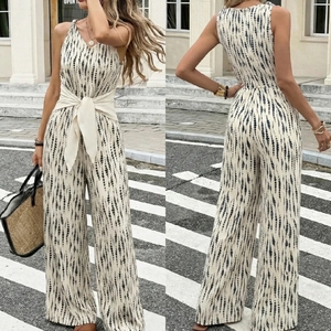 Mono de Pierna Ancha con Estampado Abstracto, Mono sin Mangas con Rayas Shibori y Lazo en la Cintura, Mono Culotte Bohemio con Estampado Vertical - Product Image 6