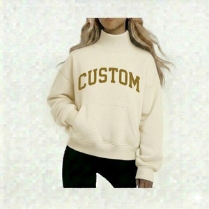 Sudaderas de cuello alto para mujer, de nuevo diseño, con hombros caídos, estilo bolsillo canguro, de tejido grueso, color crema, para todas las estaciones, OEM - Product Image 1