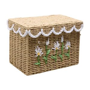 Paper Straw Storage Box with Lid, <b>Rectangle</b> Basket with Daisy Embroidery, Decorative Scalloped Edge Organizer for Home & Nursery - Product Image 1