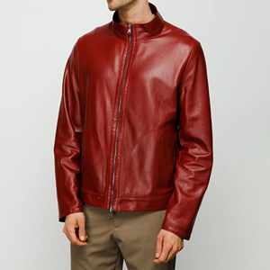 Chaqueta de Motociclista Delgada de Cuero Genuino Rojo para Hombre, Cuello Alto, Cierre de Cremallera, Manga Regular, Color Sólido, para Otoño - Product Image 5