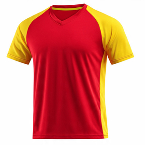 เสื้อยืดคอกว้างสีแดงแขนสั้นทรงสปอร์ตสำหรับผู้ชาย แต่งขอบสีเหลือง ดีไซน์บล็อกสีพื้นแบบถักทรงปกติ - Product Image 5