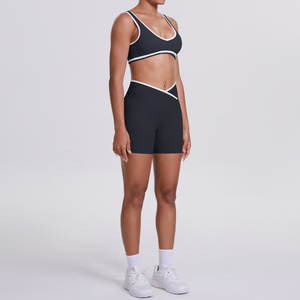 High Waist Yoga Set Racerback <b>Crop</b> <b>Top</b> Shorts Seamless Solid Black White Trim Four-Way Stretch Sportwear - Product Image 3