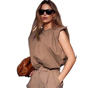 Camisetas de estilo vintage jersey de cuello redondo para mujer, Camiseta de algodón sin mangas con almohadilla para el hombro, ropa de moda, señora de oficina - Product Image 1