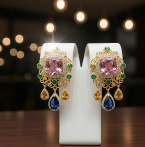 Pendientes de Plata de Ley 925 con Incrustaciones de Piedras Multicolores en Corte Cojín Rosa, Chapados en Oro de 18K, Pendientes de Diseño para Mujer - Product Image 1