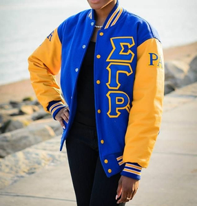 เสื้อแจ็คเก็ตวาร์ซิตี้ Sigma Gamma Rho Sorority ตัวเสื้อทำจากผ้าขนสัตว์ แขนเสื้อทำจากหนัง  ตกแต่งด้วยแพทช์เชนีล  ลายปักแบบเบสบอล ระบายอากาศได้ดี - Product Image 4