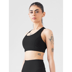 Athletic Non-Padded High Support Reversible Sports Bra Mesh Beaded Printed Solid <b>Design</b> Front Black for Yoga - Product Image 1