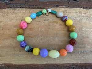 Handmade Resin Beaded Necklace Round <b>Green</b> Yellow Statement Jewelry Fruit Theme Crafted With <b>Red</b> Accents - Product Image 6