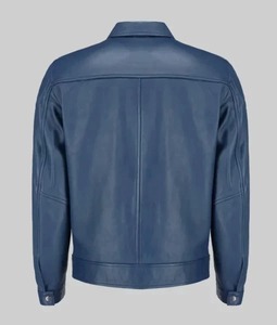 Veste en cuir bleue pour homme, col rabattu, fermeture éclair, style décontracté, vêtement d'automne - Product Image 3