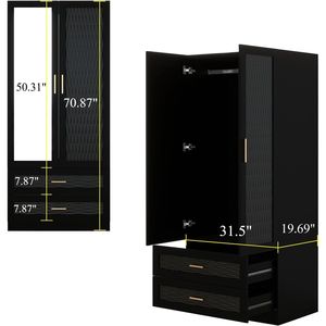 Armario Moderno de Madera Negra, Armario de 2 Puertas y 2 Cajones, con Barras para Colgar, Espejo, Estantes, Gran Capacidad de Almacenamiento de Ropa, 31.5 Pulgadas de Ancho - Product Image 3