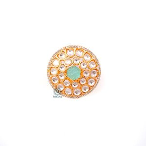 Ranya Pastel <b>Green</b> Polki Designer Zircon <b>Ring</b>-18K Gold Plated Statement Gemstone <b>Ring</b> for Women - Product Image 2