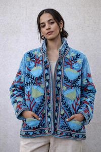 Handcrafted Breathable Eco-Friendly Blue Velvet Quilted <b>Jacket</b> Heritage Floral Embroidery <b>Mandarin</b> <b>Collar</b> Ultra-Soft Luxurious - Product Image 3