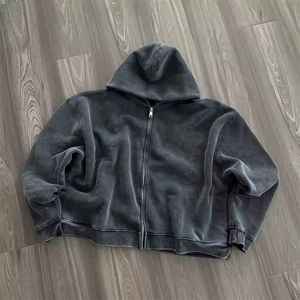 Sweat à capuche zippé vintage délavé à l'acide pour homme, coupe oversize streetwear, en coton épais 100%, imprimé animal, coupe carrée, gris anthracite, style rétro - Product Image 4