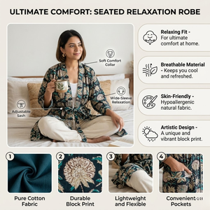 Kimono de Algodón con Estampado Étnico Hecho a Mano |   Bata de dormir de manga larga con cuello en V para mujer |   Bata Larga con Cordón Ajustable y Bolsillo Frontal, Modelo Masterpiece - Product Image 6