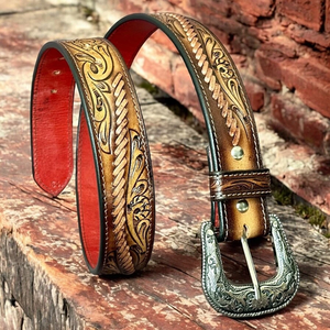 Cinturón de Cuero Occidental Personalizado de Grano Completo con Grabado Floral y Hebilla de Diseño para Vaquero/a - Product Image 6