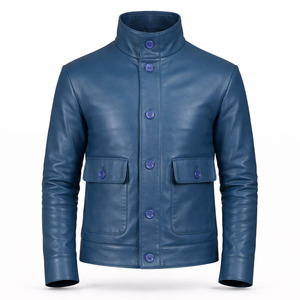 Mens Blue Genuine Leather Jacket <b>Turn</b>-down Collar Zipper Closure Premium Streetwear Vintage Front Breathable Eco-Friendly - Product Image 1