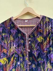 Veste matelassée en velours à imprimé feuilles bleues, veste courte réversible en coton, veste d'hiver style kimono en velours imprimé indien pour femmes - Product Image 4