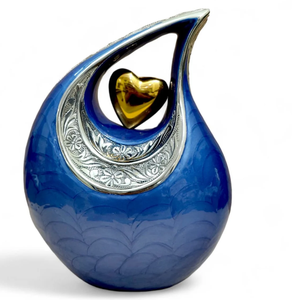 Hermosas Urnas Funerarias Azules Grabadas en Forma de Lágrima con Corazón para Cenizas de Adultos, 200 Pulgadas Cúbicas, Ecológicas y Duraderas - Product Image 1