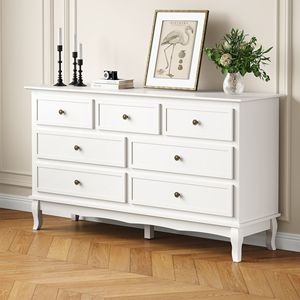 Buffet moderne à 7 tiroirs avec pieds en bois distinctifs, finition peinte en blanc, accent CR - Product Image 1