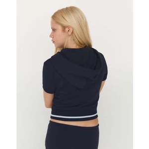 Women's Navy Blue Hooded Crop <b>Top</b> Short Sleeve Letter Print Knitted Cotton <b>Preppy</b> Style Spring Wear - Product Image 5