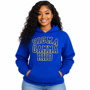 เสื้อฮู้ดสีน้ำเงินรอยัล Sigma Gamma Rho พร้อมตัวอักษรกรีกแบบซ้อนสีเหลือง กระเป๋าจิงโจ้ เสื้อสเวตเชิร์ตสำหรับชมรมนักศึกษา - Product Image 1