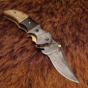 Couteau de poche pliant en acier Damas de qualité supérieure - Couteau utilitaire pour le camping et la chasse, qualité industrielle, dureté 58HRC, lame à pointe tombante - Product Image 2