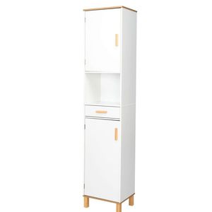 Mobiletto Alto Moderno con Singolo Cassetto e Doppia Anta per Bagno, in Legno Massello e MDF con Finitura Bianca Venata, Salvaspazio e Elegante - Product Image 1