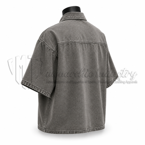 เสื้อเชิ้ตแขนสั้นผ้าทวิลสีเทาสำหรับผู้ชาย แบบซิปเต็มตัว ทรงลำลอง ผลิตตามแบบ ODM สำหรับฤดูใบไม้ผลิ ผลิตจากผ้าฝ้ายออร์แกนิค 100% เป็นมิตรต่อสิ่งแวดล้อม รับผลิตแบบ OEM และติดฉลากสินค้าส่วนตัว - Product Image 5