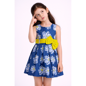 Royal Blue Girls Casual Cotton Woven Sleeveless Pleated <b>Dress</b> with <b>Daisy</b> <b>Print</b> & Contrast Bow - Product Image 3