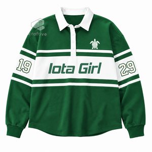 Chemise de rugby rayée en piqué pour femmes de la sororité Iota Phi Lambda, col polo à manches longues, pull à blocs de couleur, haut brodé avec motif - Product Image 1