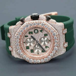 Gorgeous New Fashion Hip Hop Wrist Moissanite <b>Watch</b> for <b>Men</b> Made With Round Brilliant Cut Diamonds and Green Rubber Band - Product Image 1