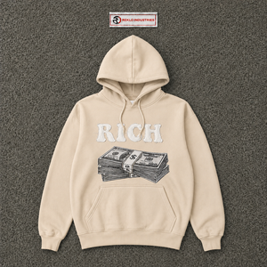 Sweat à capuche oversize beige en molleton avec appliqué lettres et motif 'Money Stack' imprimé, style streetwear pour hommes, vente en gros, tailles variées - Product Image 5