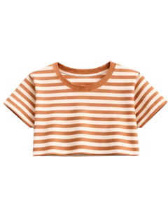 ชุดเซ็ตเสื้อครอปและกางเกงขาสั้นลายทางสีน้ำตาลขาวสำหรับผู้หญิง สไตล์ลำลองฤดูร้อน ชุดสองชิ้น เอวยางยืด ชุดลำลองใส่สบายๆ สตรีทแวร์ รับผลิตแบบ OEM - Product Image 2