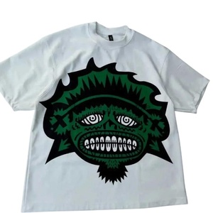 Camiseta Blanca de Manga Corta para Hombre con Estampado de Monstruo Verde en la Parte Delantera, Cuello Redondo, Corte Regular, Estilo Urbano, Algodón Jersey - Product Image 1